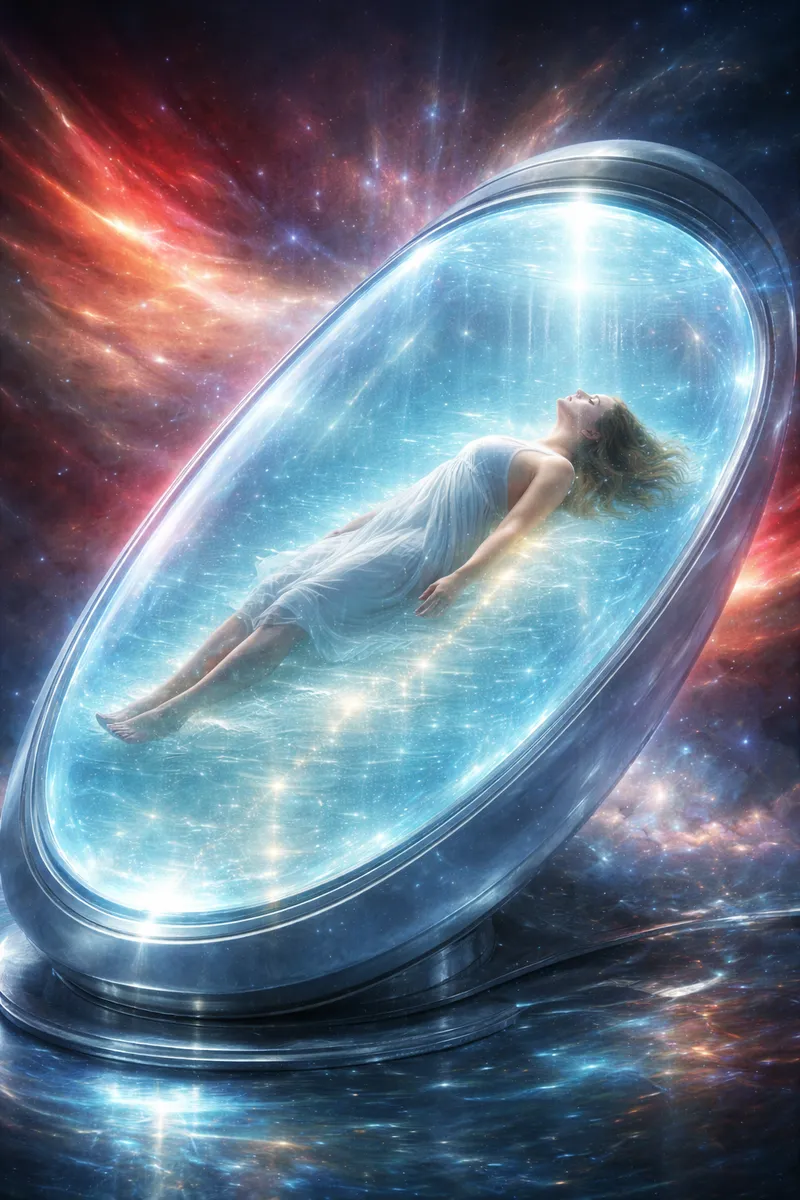 A figure suspended in an oval of aurora light above still water