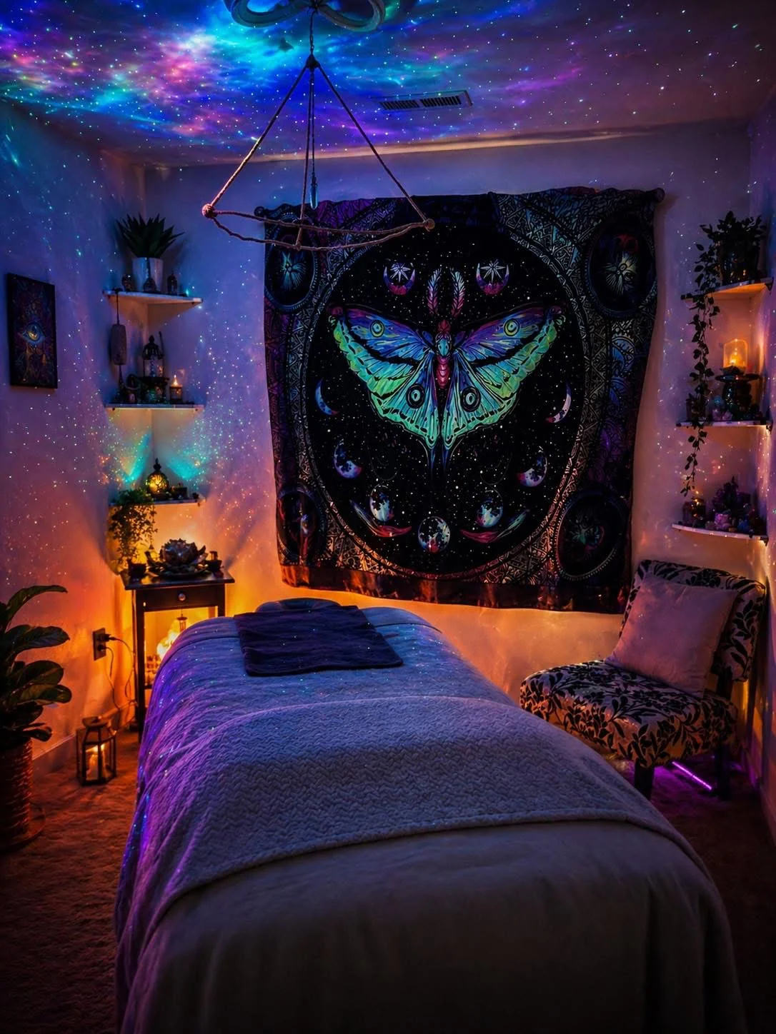 Sharon's healing room with massage table, cosmic lighting and crystals