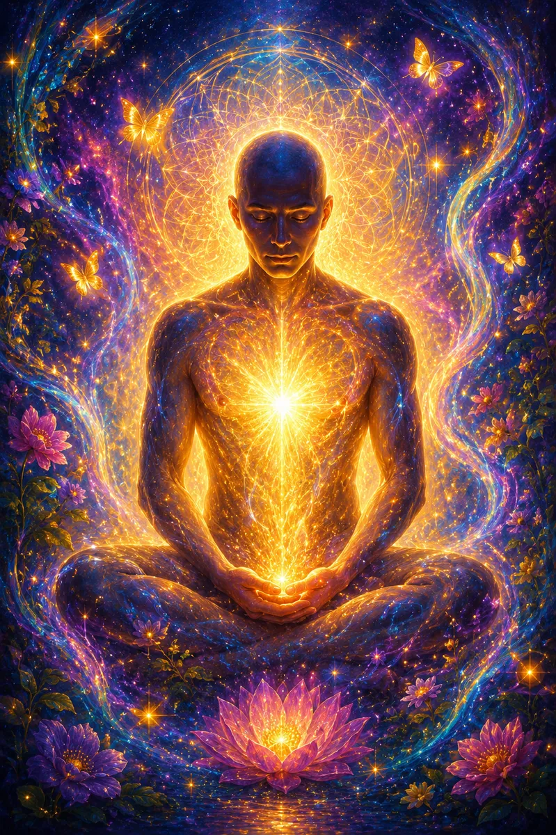 A man in meditation surrounded by golden light