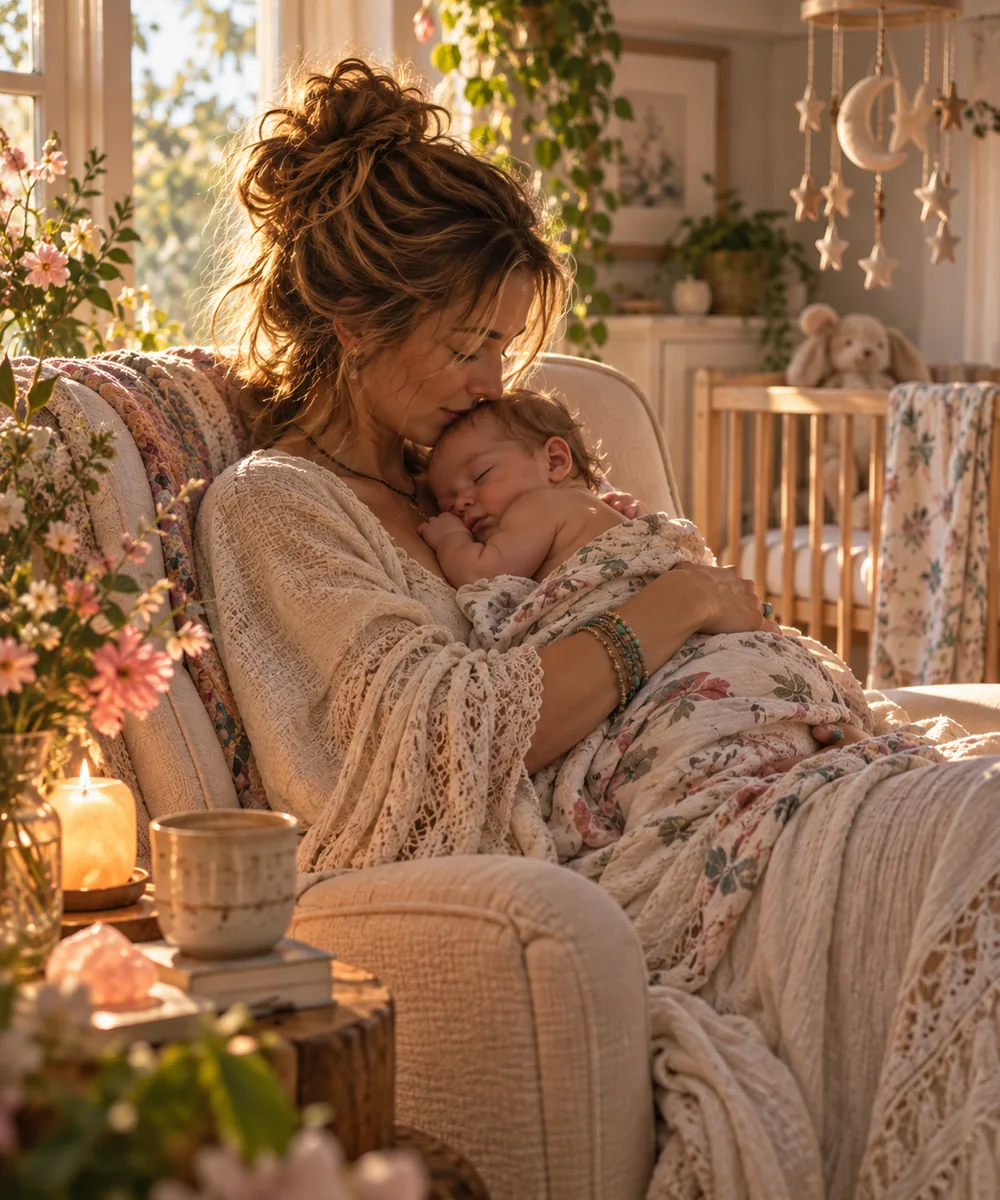 Sharon cradling a sleeping baby in a warm, softly lit nursery