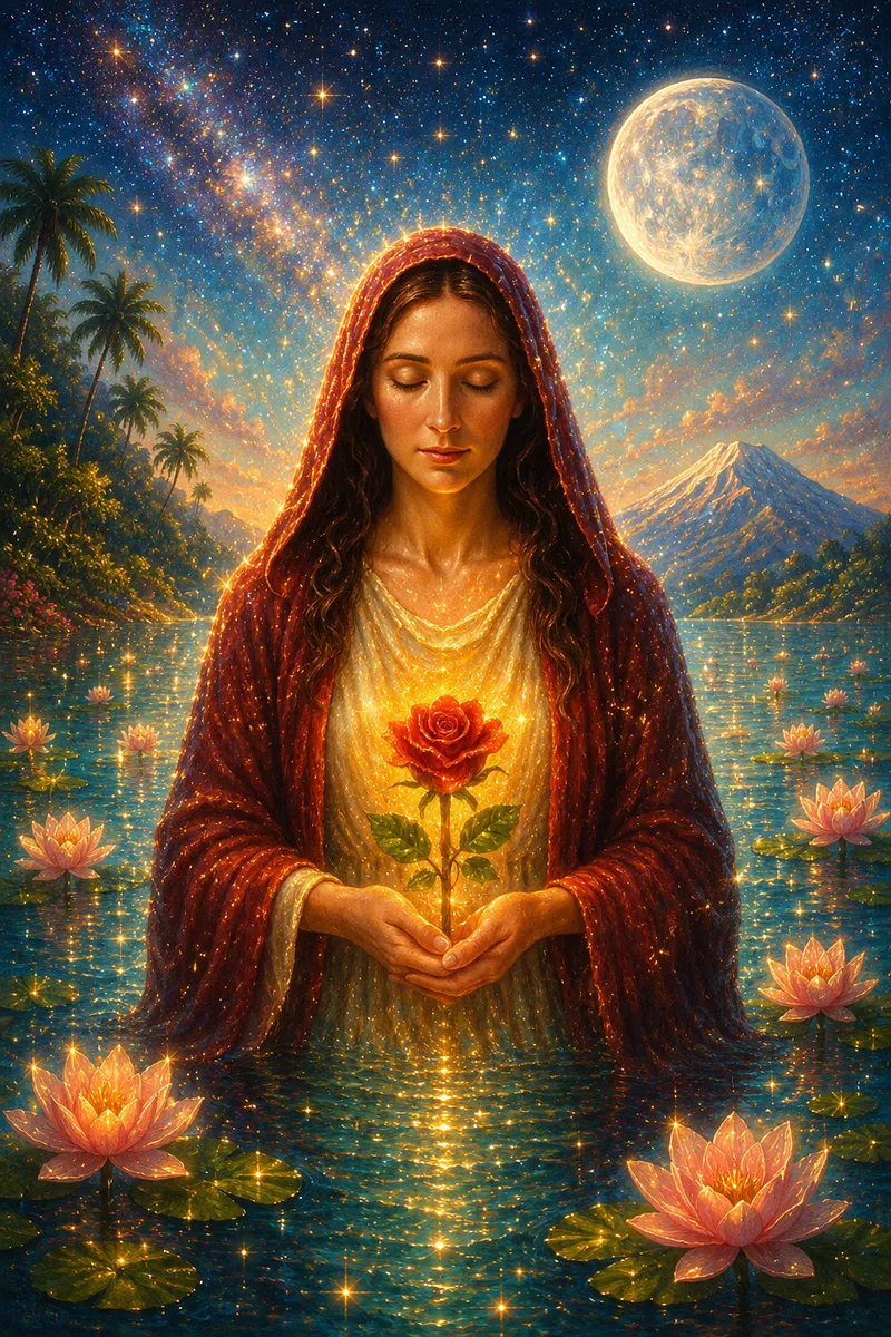 A healer in red robes holding a rose above lotus waters